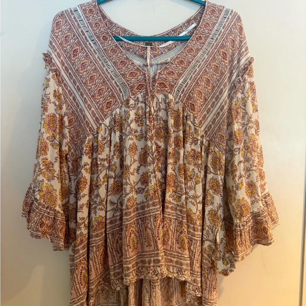 Free People Cream and Light Pink Floral Boho Blouse